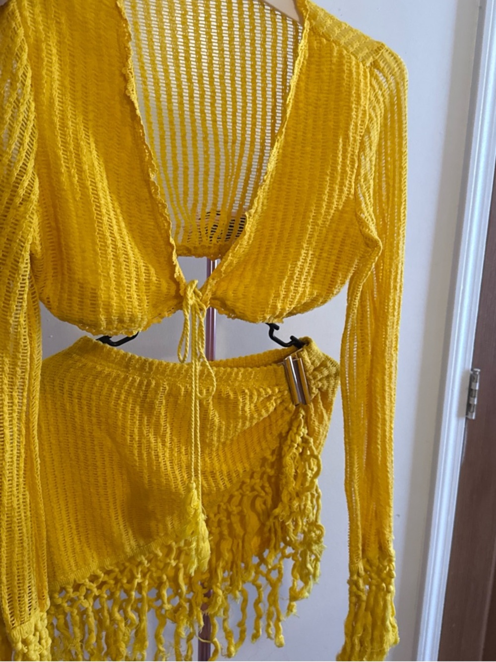 Yellow Knit Tie-Front Cropped Top with Fringe Skirt